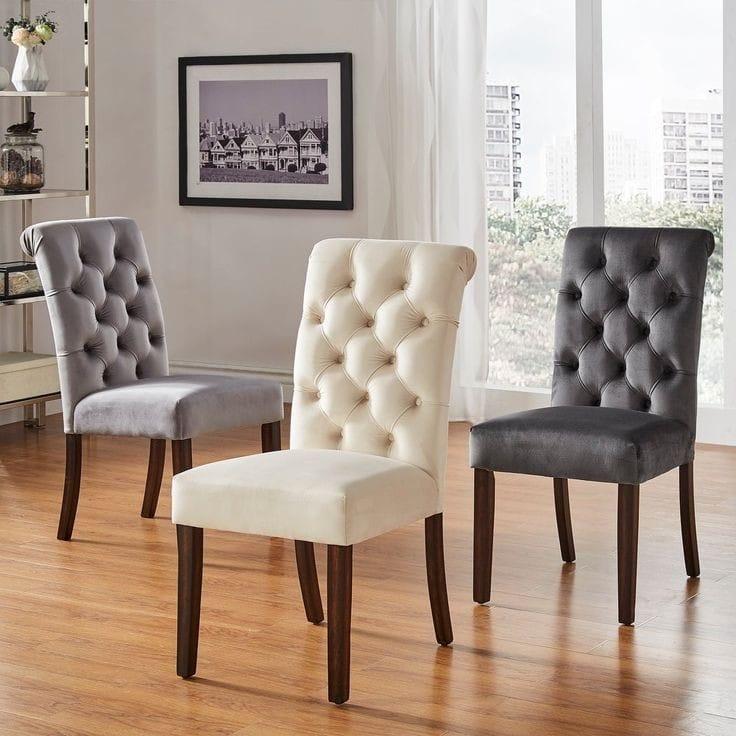 Elegant Tufted Fabric Dining Chairs in White and Grey