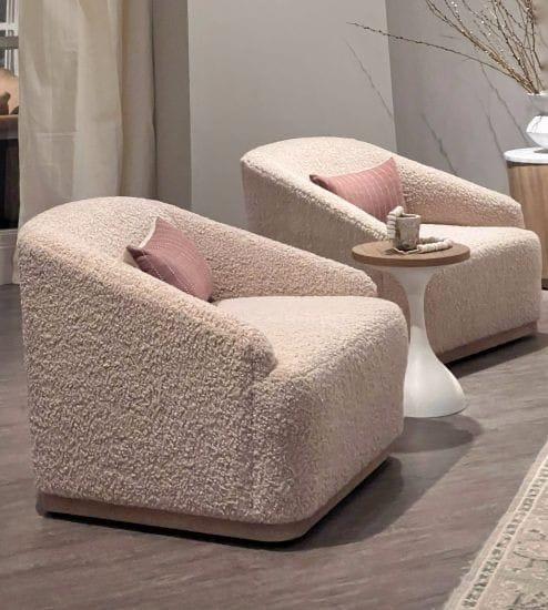 Modern Curved Boucle Accent Chairs in Soft Pink