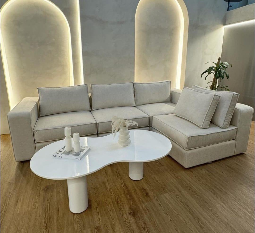 Modern Off-White Sectional Sofa with Organic Coffee Tables