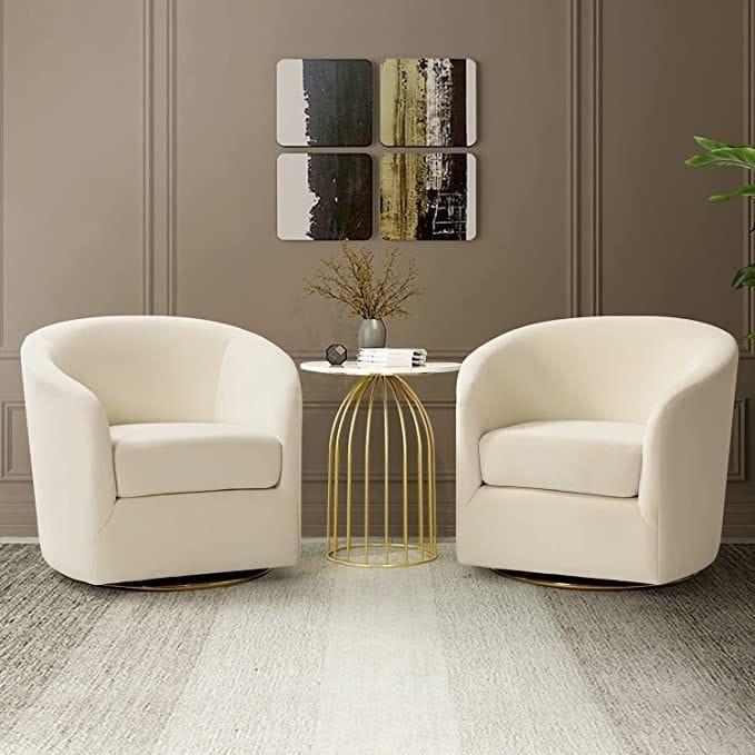 Elegant White Velvet Armchairs with Gold Side Table