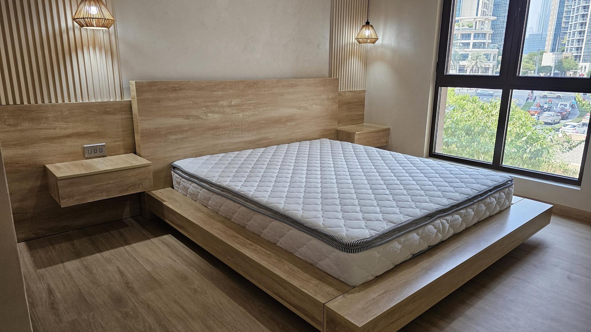 Custom Light Wood Platform Bed with Floating Nightstands