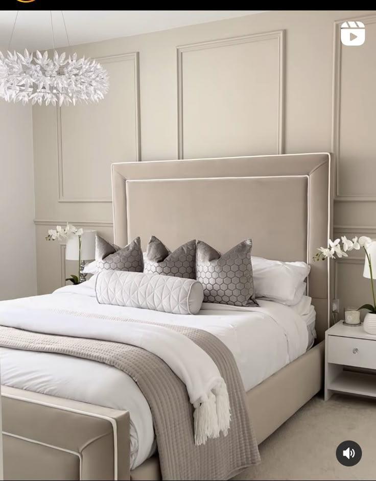 Luxury Bedroom Design with Tall Beige Headboard