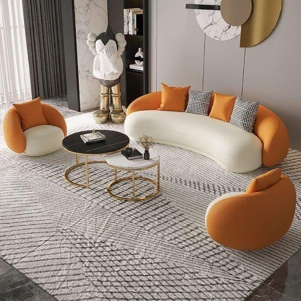 Chic Living Room Set with White Sofa and Orange Accent Chairs