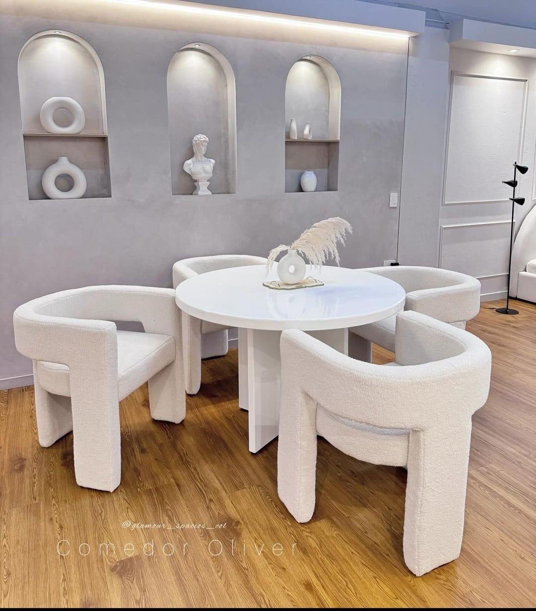 Round White Dining Table with Boucle Dining Chairs Set