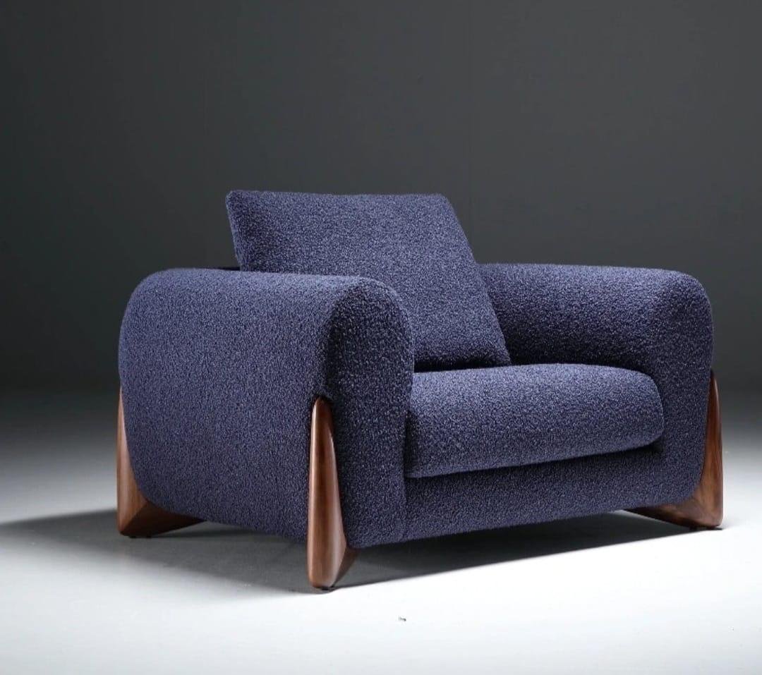 Contemporary Navy Blue Armchair with Wooden Legs