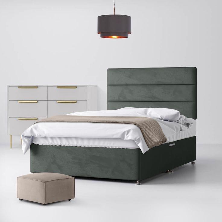 Modern Bed with Dark Green Velvet Headboard