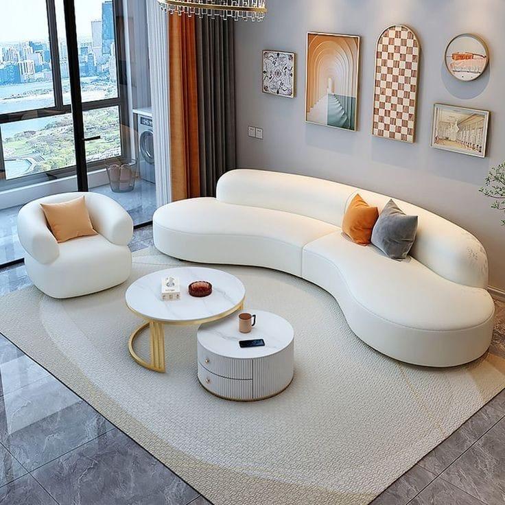 Luxury Living Room with Curved Cream Sectional Sofa