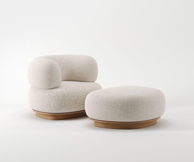 Modern Cream Boucle Armchair and Footstool Set
