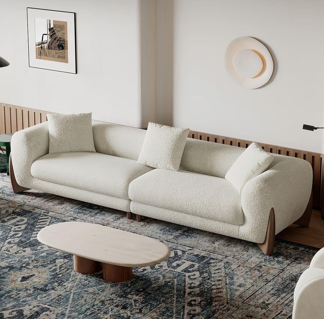 Modern Cream Boucle Couch with Stone Coffee Table